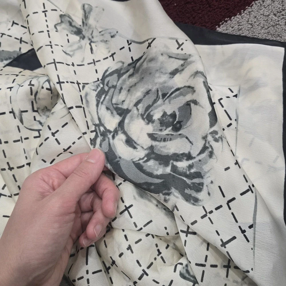 Luxury 100% Mulberry Silk Long‎ Scarf - Elegant Black & White Floral Camellia...